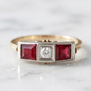 Vintage Style Three Stone Ring, Red Princess & Round CZ Stone Wedding Ring, Antique Art Deco Two Tone Jewelry, Ruby Gemstone Trilogy Ring