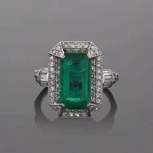 Elegant Green Emerald Cut CZ Stone Ring, C.1920s Art Deco Wedding Bridal Ring, Antique Engagement Ring In 925 Silver, Gemstone Ring For Her