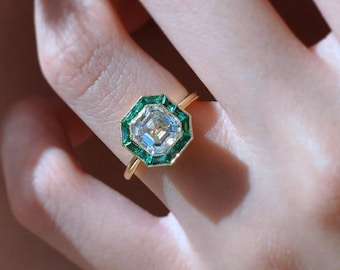 Minimalist Halo Engagement Ring For Her, Green Baguette & Asscher Cut CZ Stone Wedding Promise Ring, Anniversary Gift Ring, Christmas Gift