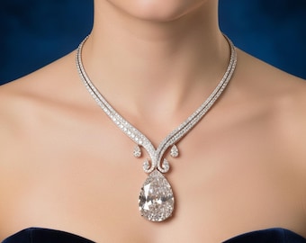 925 Silver Necklace For Women, Pear CZ Stone Engagement Necklace, Wedding Bridal Necklace, Fine Jewelry, Glamorous Necklace,Anniversary Gift