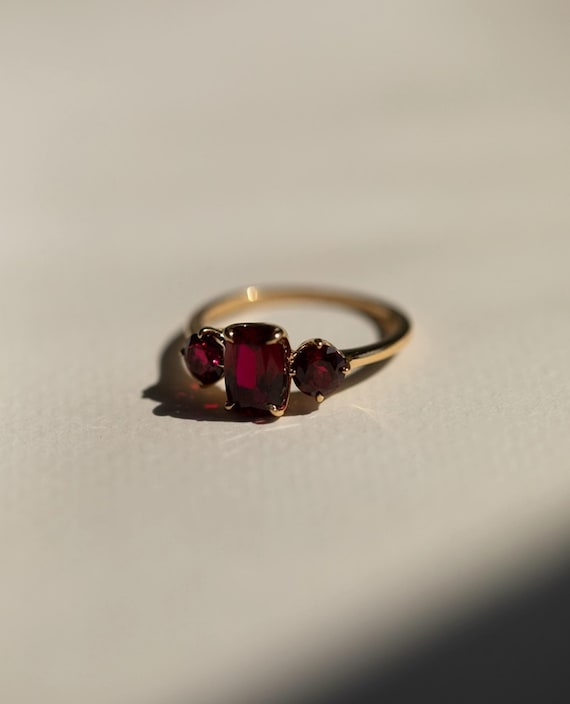 Garnet Cushion & Round Cut CZ Stone Ring, Three Stone Engagement Ring, Trilogy Wedding Ring, 10K Yellow Gold Ring For Women, Christmas Gift