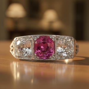 Edwardian Art Deco Trilogy Ring, Pink Oval & Old Mine Cut CZ Stone Wedding Ring, Antique Engagement Ring, Milgrain Filigree Three Stone Ring