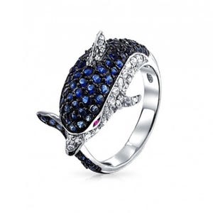 Multi Color Round CZ Stone Wedding Ring, Bypass &quot;Dolphin&quot; Ring, Women&#39;s Cocktail Ring, Ocean Sea Jewelry For Her, 925 Silver Party Wear Ring