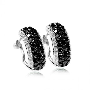 Black & White Round Moissanite Diamond Wedding Hoop Earring, Women&#39;s Daily Wear Huggie Earring, Omega Back Hoop Earring, Engagement Earring
