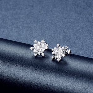 Snowflake Stud Earring, Women&#39;s Minimalist Studs, Daily Wear Dainty Earring, Round Moissanite Diamond Wedding Gift Earring, Birthday Gift