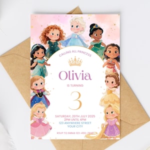 Watercolor Princess Birthday Invitation: Editable Princess Party Invite (Canva Template, Digital Download)