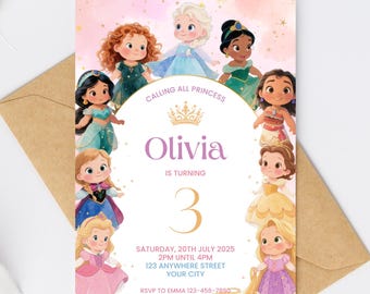 Watercolor Princess Birthday Invitation: Editable Princess Party Invite (Canva Template, Digital Download)