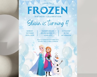 Bearbeitbare Gefrorene Geburtstagseinladung: Aquarell Kinderpartyeinladung (Canva-Vorlage, digitaler Download)