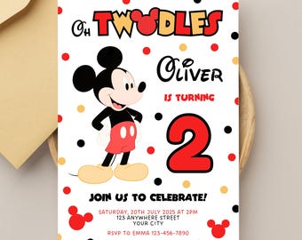 Mickey Mouse 2nd Birthday Invitation: Oh Twodles Party Invite (Canva Template, Digital Download)