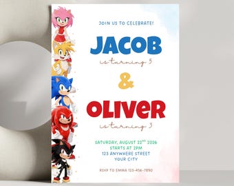 Invitación de cumpleaños conjunta de Sonic en acuarela: Invitación para fiesta de Sonic el Erizo (Plantilla de Canva, descarga instantánea)