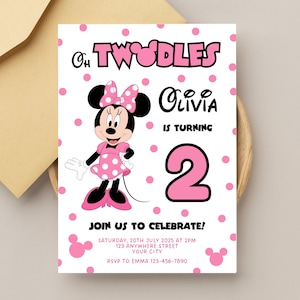 Oh Twodles Birthday Invitation: Editable Minnie Mouse 2nd Birthday Invite (Canva Template, Instant Download)