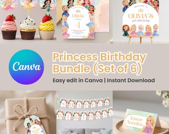Invitación de cumpleaños de princesa: Paquete de decoración editable para fiesta de princesas (Plantilla de Canva, descarga instantánea)