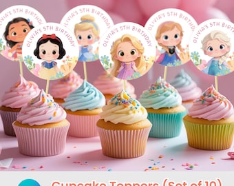 Adornos para cupcakes de princesas: Decoraciones para fiestas de cumpleaños de princesas (Plantilla de Canva, descarga instantánea)