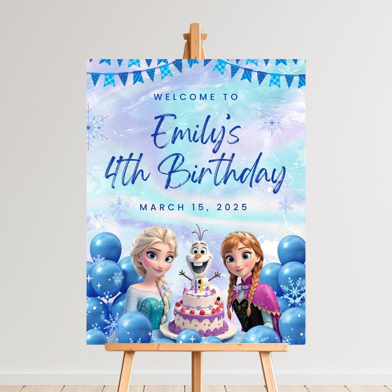 16x20” Frozen Welcome Sign for Birthday Party on Etsy - Instant Download & Printable – A high-resolution Frozen party sign printed and framed, ideal for decorating entryways or party tables with a magical winter theme.