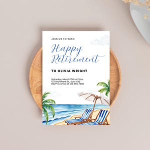 Editable Beach Theme Retirement Party Invitation | Printable Canva Template with Tropical Watercolor Design | Instant Download Digital Invitation | 5x7” Happy Retirement Invite for Easy Customization
