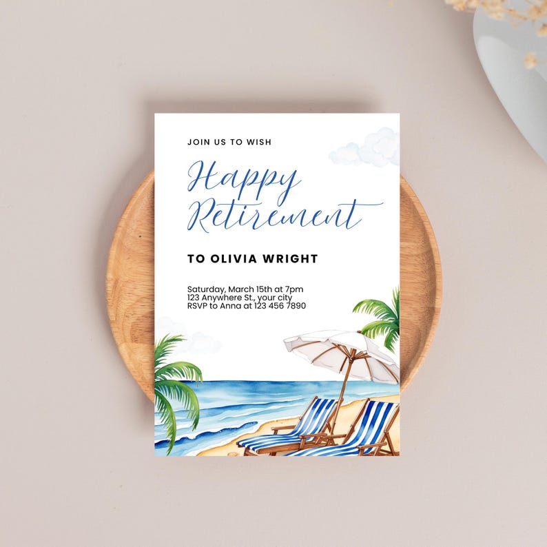 Editable Beach Theme Retirement Party Invitation | Printable Canva Template with Tropical Watercolor Design | Instant Download Digital Invitation | 5x7” Happy Retirement Invite for Easy Customization