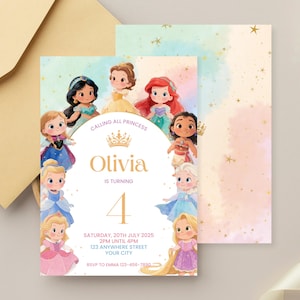 Invito di compleanno principessa, invito per festa principessa acquerello, festa personalizzata per il 4° compleanno, modello Canva scaricabile immediatamente