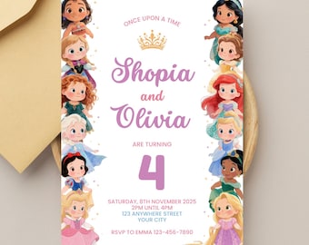 Può includere: Un invito personalizzato per un quarto compleanno, con illustrazioni di principesse Disney. L'invito include i nomi "Shopia e Olivia" in un carattere decorativo, insieme alla data, all'ora e all'indirizzo.