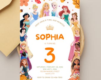Invitación de cumpleaños de princesa, invitación editable para fiesta de té de princesa para otoño (plantilla de Canva)