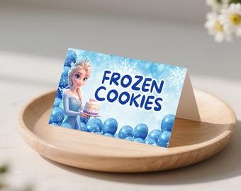 Frozen Party Food Labels: Editable Elsa Birthday Food Signs (Canva Template, Instant Download)
