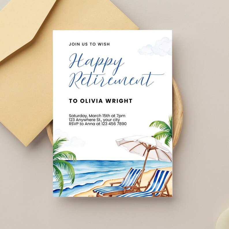 Editable Beach Theme Retirement Party Invitation on Etsy | Printable Canva Template with Tropical Watercolor Design | Instant Download Digital Invitation | 5x7” Happy Retirement Invite for Easy Customization