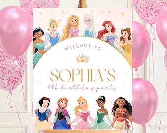 Cartel de bienvenida de princesa en acuarela: Plantilla para fiesta de té de cumpleaños (Canva, descarga instantánea)