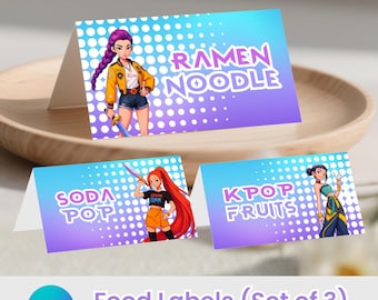 Etykiety na jedzenie Kpop Demon Hunters: Dekoracje na przyjęcie urodzinowe (edytowalny szablon Canva, wersja cyfrowa do pobrania)