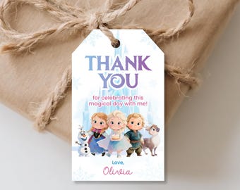 Etiquetas de agradecimiento de Frozen en acuarela: Recuerdos de fiesta de Frozen (Plantilla de Canva, descarga instantánea)