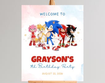 Letrero de bienvenida editable de Sonic: Decoración para fiestas de Sonic el Erizo (Plantilla de Canva, descarga instantánea)