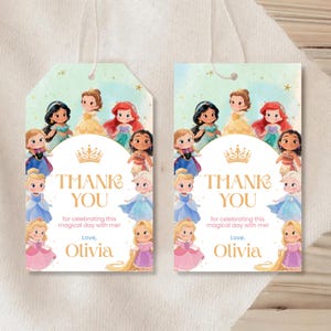 Editable Princess Thank You Tags perfect for a girl’s birthday party. Instantly download, customize in Canva, and print at home or local print shop. Great for party favors, princess party decorations, and royal-themed celebrations.