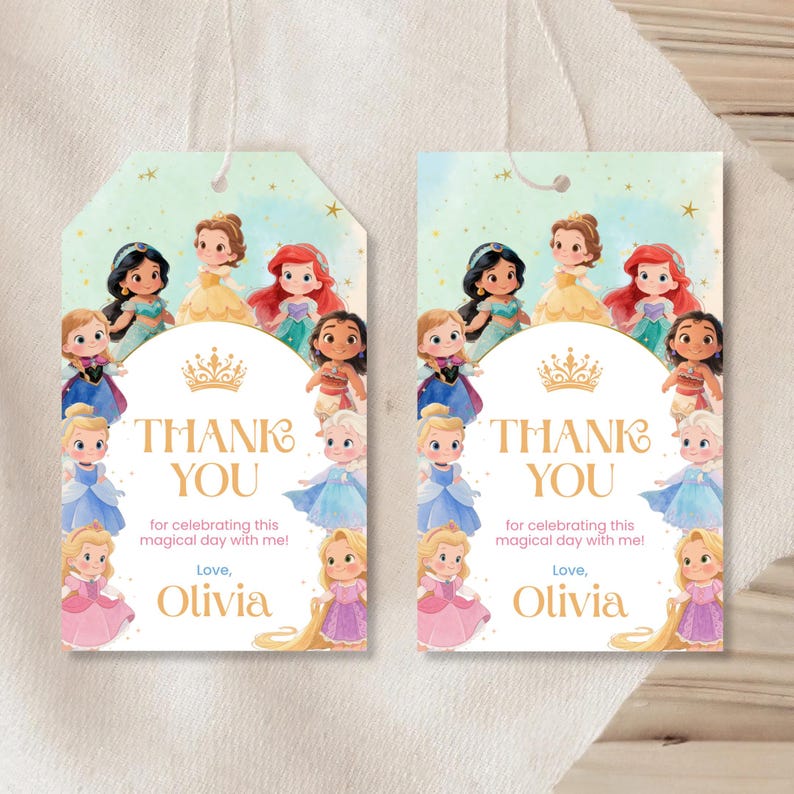 Editable Princess Thank You Tags perfect for a girl’s birthday party. Instantly download, customize in Canva, and print at home or local print shop. Great for party favors, princess party decorations, and royal-themed celebrations.