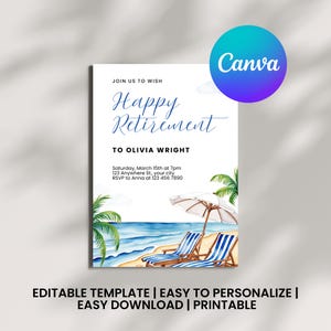 Editable Beach Theme Retirement Party Invitation | Printable Canva Template with Tropical Watercolor Design | Instant Download Digital Invitation | 5x7” Happy Retirement Invite for Easy Customization
