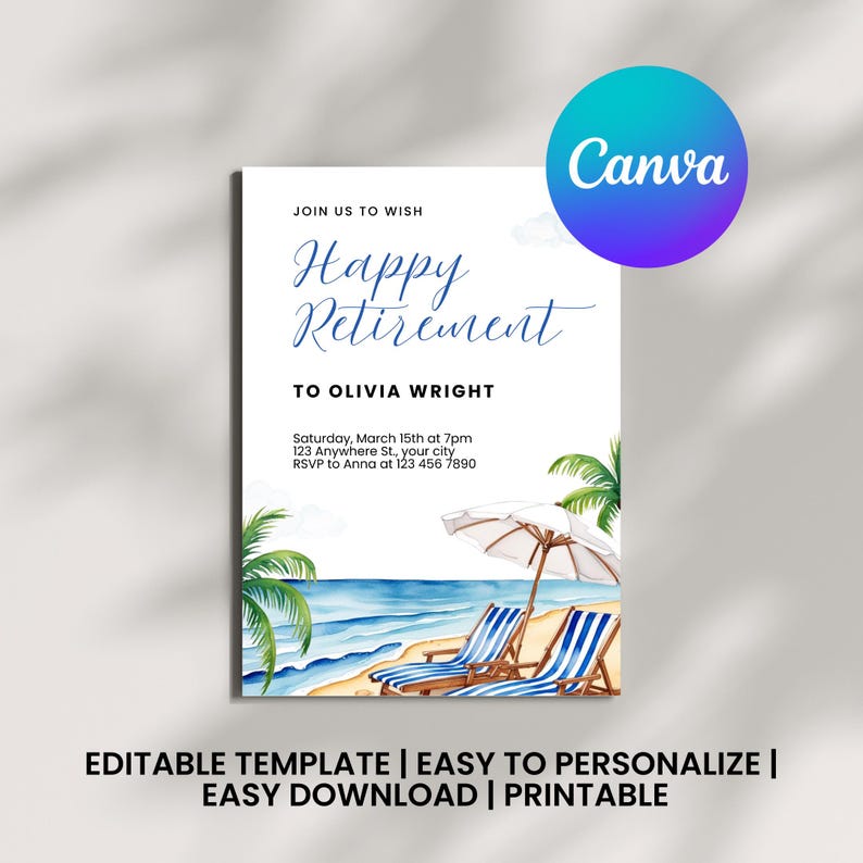 Editable Beach Theme Retirement Party Invitation | Printable Canva Template with Tropical Watercolor Design | Instant Download Digital Invitation | 5x7” Happy Retirement Invite for Easy Customization
