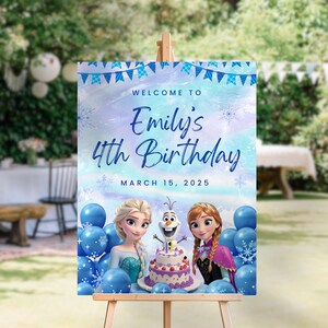 Editable Frozen Party Welcome Sign in Canva on Etsy - Personalized Birthday Decor – A customizable Frozen birthday welcome sign displayed on an easel, showing easy text editing in Canva for a personalized touch.