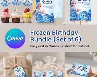 Frozen Birthday Party Bundle: Editable Printable Decorations (Canva Template, Instant Download)