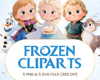 Clipart de cumpleaños de Frozen: Decoraciones de princesas de invierno (Descarga instantánea de archivos PNG y SVG)