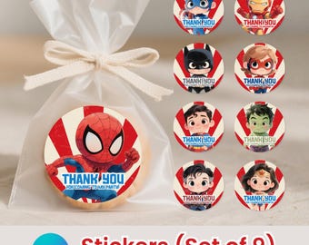 Superheroes Stickers: Kids Birthday Party Sticker (Canva Template, Instant Download)