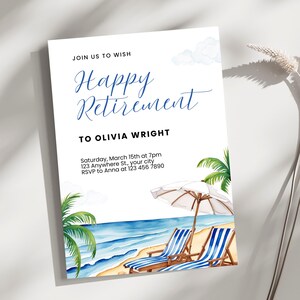 Editable Beach Theme Retirement Party Invitation on Etsy | Printable Canva Template with Tropical Watercolor Design | Instant Download Digital Invitation | 5x7” Happy Retirement Invite for Easy Customization
