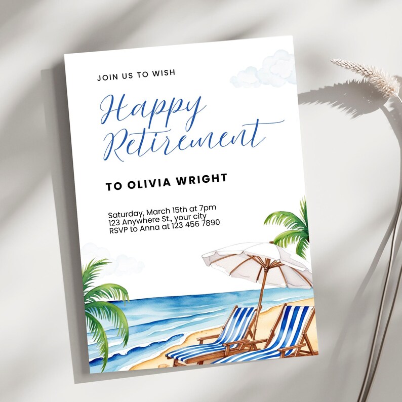 Editable Beach Theme Retirement Party Invitation on Etsy | Printable Canva Template with Tropical Watercolor Design | Instant Download Digital Invitation | 5x7” Happy Retirement Invite for Easy Customization
