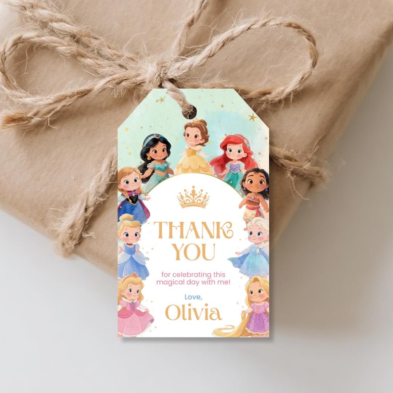 Editable Princess Thank You Tags perfect for a girl’s birthday princess party. Instantly download, customize in Canva, and print at home or local print shop. Great for party favors, princess party decorations, and royal-themed celebrations.