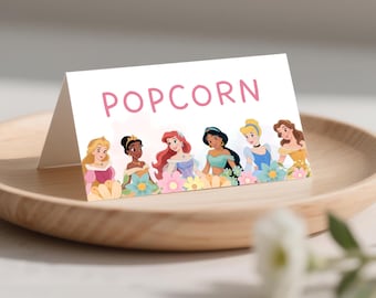 Etiquetas de comida de princesa: Tarjetas de comida para decorar cumpleaños (Plantilla de Canva, descarga instantánea)