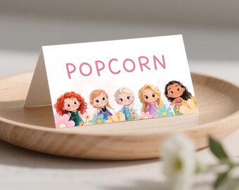 Etiquetas de comida de princesas, decoración para fiestas de princesas (plantilla de Canva, descarga instantánea)