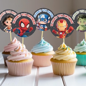 Superhero Cupcake Toppers: Editable Avengers Birthday Decorations (Canva Template - Instant Download