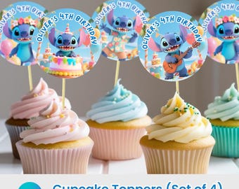 Stitch Cupcake Toppers: Lilo & Stitch Party Decor (Canva Template, Digital Download)