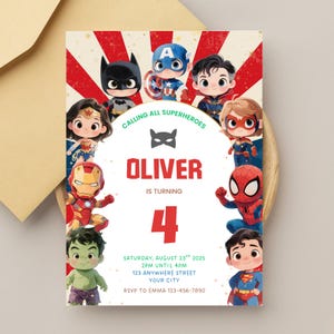 May include: A vibrant birthday invitation with cartoon superheroes such as Batman, Captain America, and Spider-Man. The invitation says "Calling All Superheroes" and includes the name "Oliver" and the number "4". Details include date, time, and RSVP information.