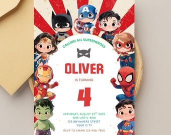 Invitación de cumpleaños de superhéroes: Plantilla editable de Canva para fiestas temáticas de cómics (descarga instantánea)