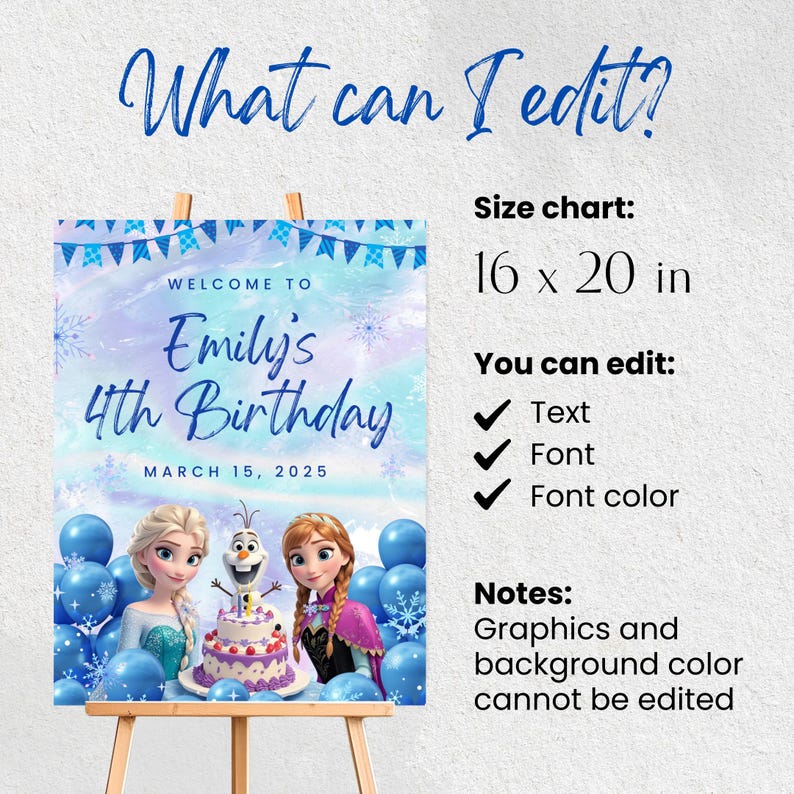 Personalized Frozen Party Sign for Girls on Etsy - Winter Wonderland Birthday Decor – A custom Frozen welcome sign with a princess theme, displayed at a themed birthday party, adding a magical touch to the celebration.