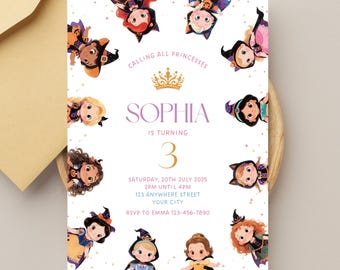 Invitación de cumpleaños de princesa: Invitación editable para fiesta de té de cumpleaños de otoño (Canva, descarga digital)