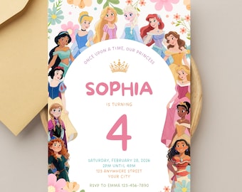 Invitación de cumpleaños de princesa: Fiesta de té de princesa en acuarela (Plantilla de Canva, descarga instantánea)