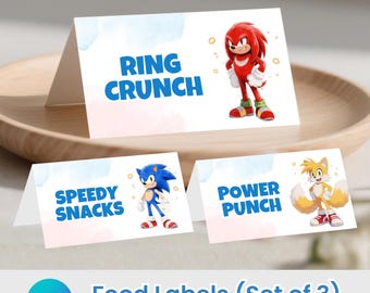 Etiquetas editables para comida de Sonic: Tarjetas de mesa de Sonic el Erizo (Plantilla de Canva, descarga instantánea)
